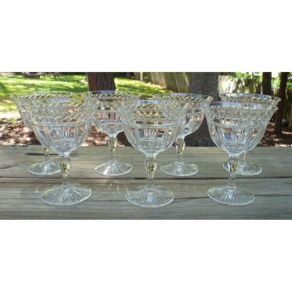 Vintage Stuart Crystal 7 Cocktail Champagne Glasses Laurel Leaf Vertical Cuts